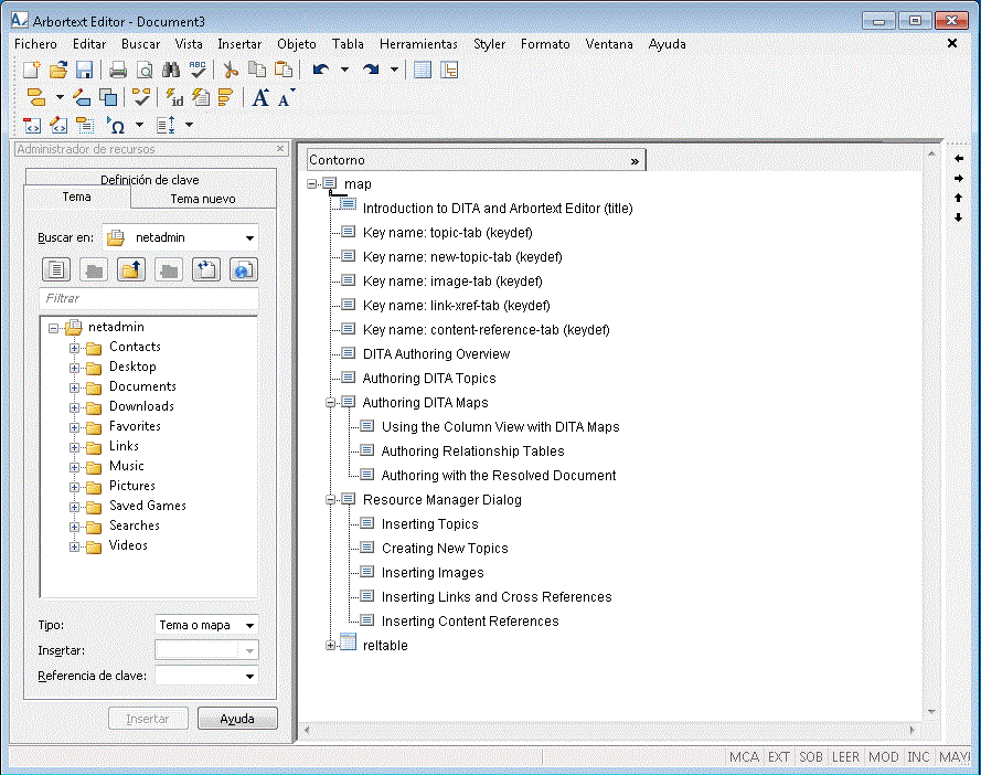 Imagen de una interfaz de usuario con la configuración por defecto para editar mapas DITA.