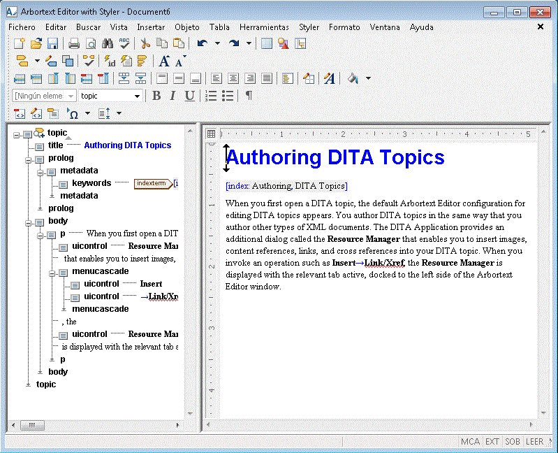 Imagen de una interfaz de usuario con la configuración por defecto para editar temas DITA.