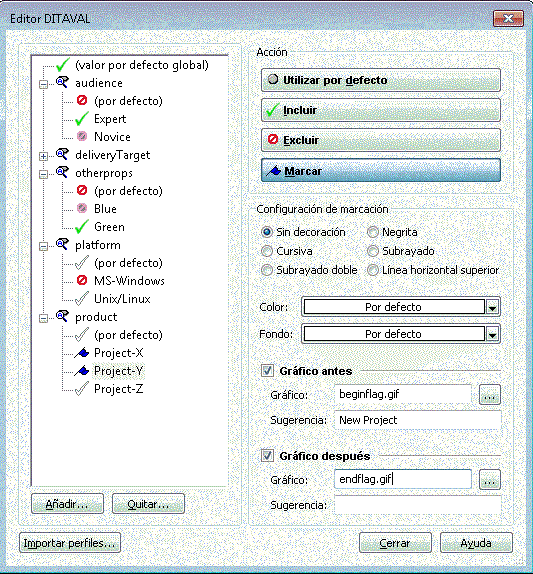 Imagen de un fichero DITAVAL en el cuadro de diálogo Editor DITAVAL.