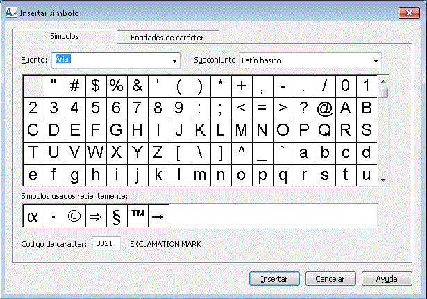 En este gráfico se muestra el cuadro de diálogo Insertar símbolo.