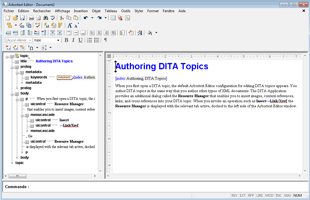 Il s'agit d'une représentation de l'interface utilisateur avec la configuration par défaut pour l'édition de rubriques DITA.