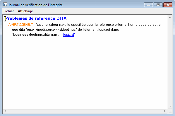 Ce graphique présente la boîte de dialogue Messages de la vérification avancée de l'intégrité.