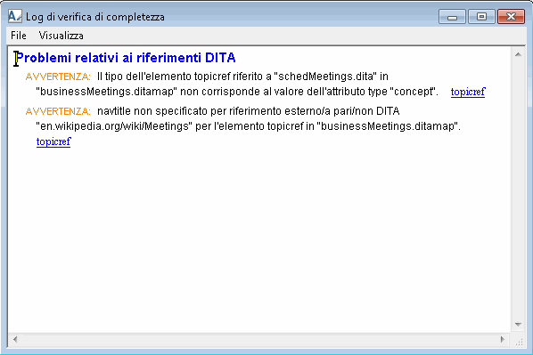 L'immagine mostra la finestra di dialogo Messaggi di verifica di completezza avanzata.