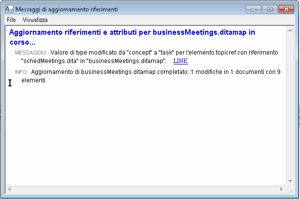 L'immagine mostra la finestra di dialogo Messaggi di aggiornamento riferimenti.