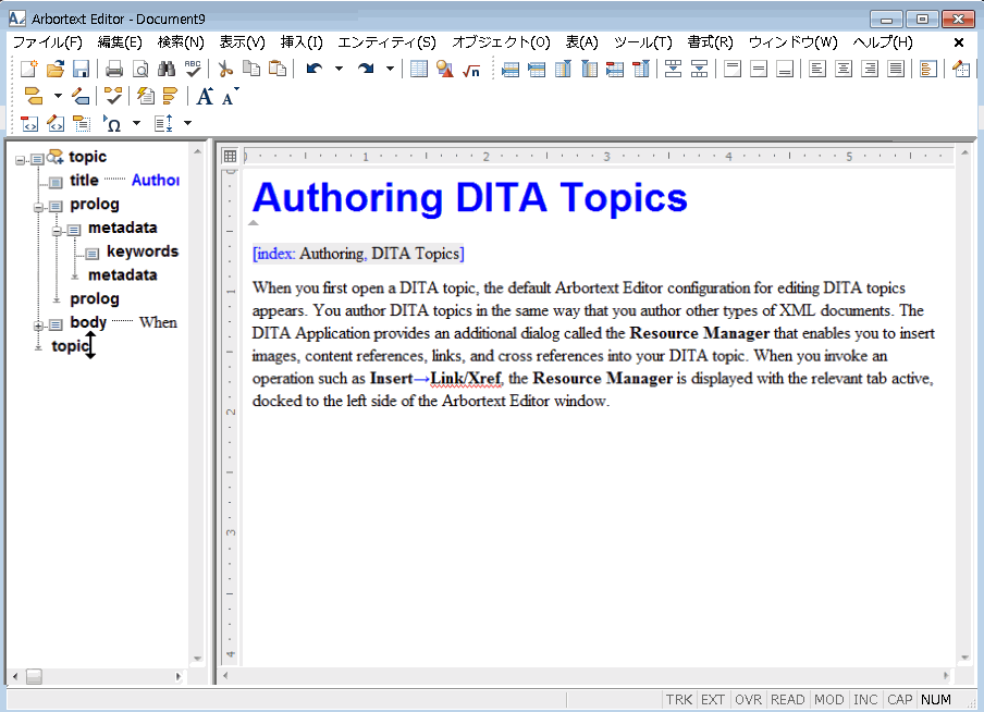 これは、DITA トピックを編集するためのデフォルトの設定が行われたユーザーインタフェースの画像です。