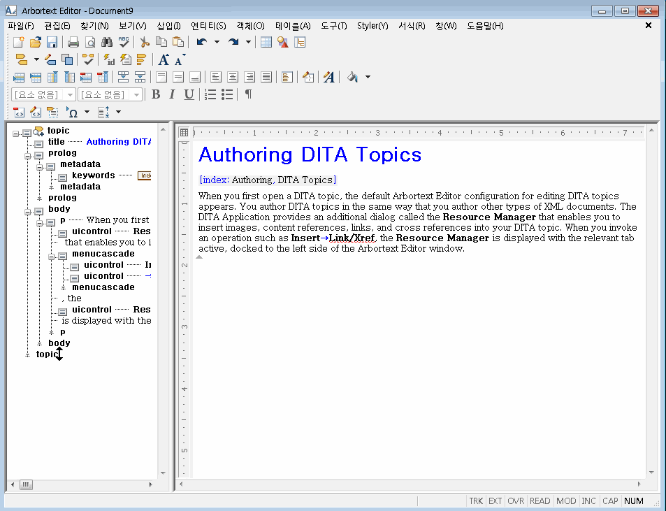 DITA 주제 편집용 기본 구성이 표시된 사용자 인터페이스(UI) 그림입니다.