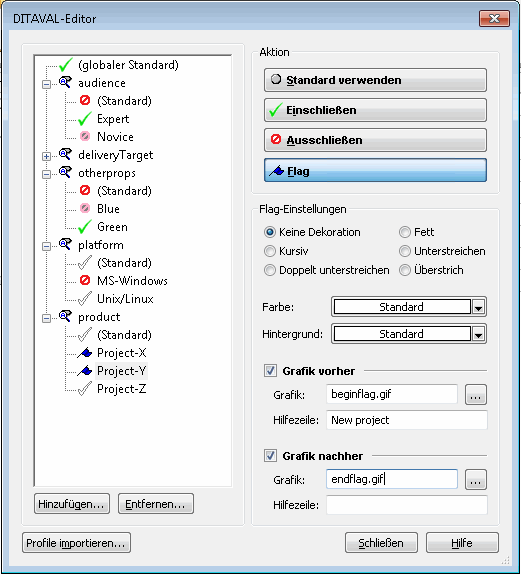 Diese Abbildung zeigt eine DITAVAL-Datei im Dialogfenster "DITAVAL-Editor".