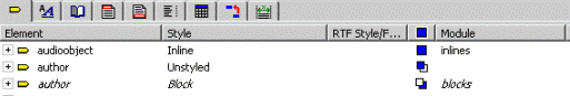 This is an image of the Elements list, showing two author elements. The first element is displayed in normal text, has the setting “Unstyled” in the Style column, and the icon indicating that it takes precedence over the other author element in the Precedence column. The second author element is displayed in italic text, has the setting “Block” in the Style column, the icon indicating that it has been overridden by the other author element in the Precedence column and the module name “blocks” in the Modules column