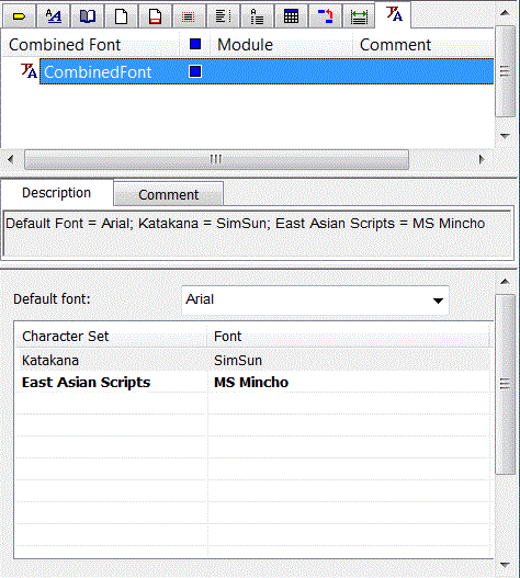 This image shows the combined font in the Combined Fonts list, with the font settings Default font=Arial, East Asian Scripts=MS Mincho, and Katakana=SimSun specified