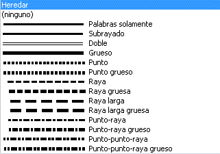 Imagen de las opciones de estilo de línea de Subrayado.