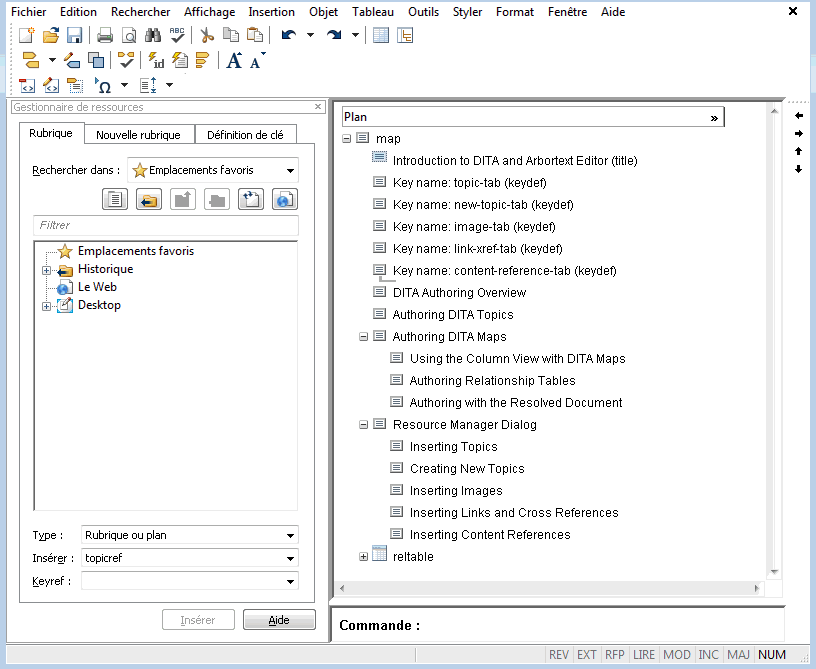 Il s'agit d'une représentation de l'interface utilisateur avec la configuration par défaut pour l'édition de plans DITA.