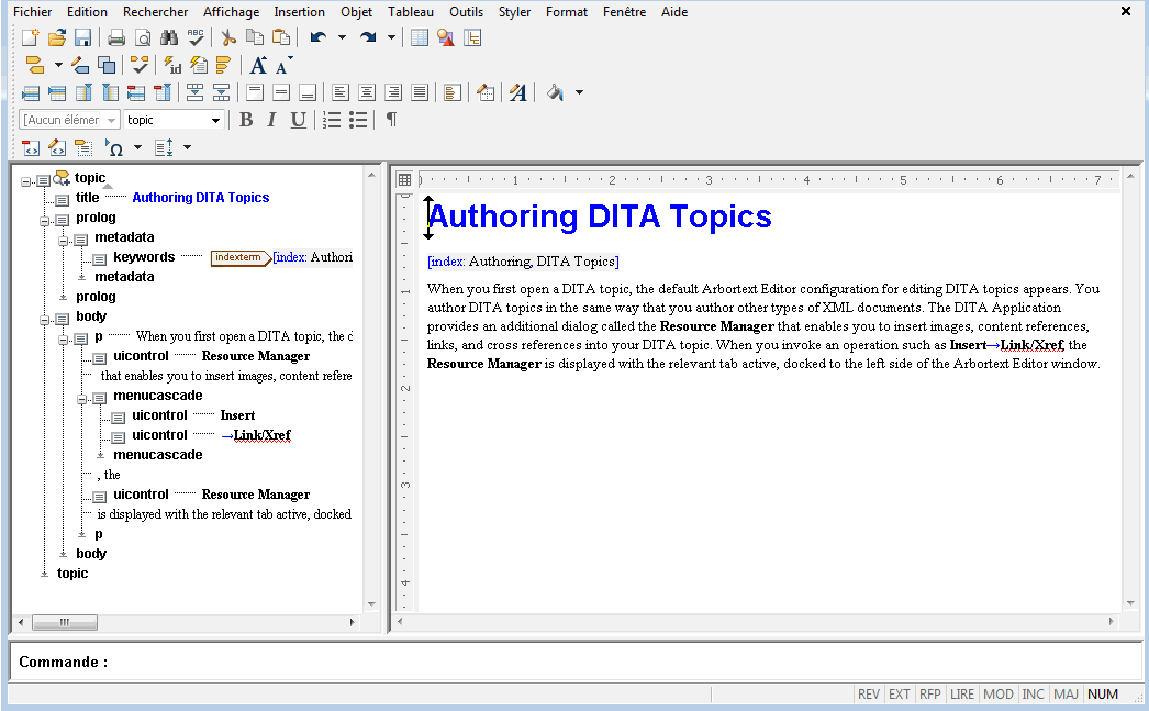 Il s'agit d'une représentation de l'interface utilisateur avec la configuration par défaut pour l'édition de rubriques DITA.