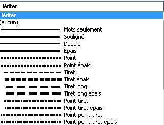 Il s'agit de l'image des choix de style de ligne pour Souligner.