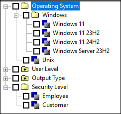 La classe Systèmes d'exploitation contient les valeurs de profil Windows 10, Windows 11 et UNIX. La classe Sécurité contient les valeurs de profil Client et Employé.