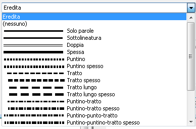 L'immagine rappresenta le opzioni dello stile della linea per Sottolineatura.