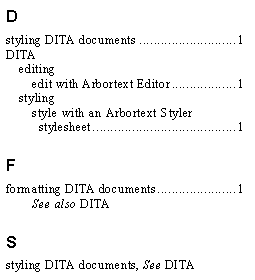 This is an image of the index output, showing both the indexterm and index-sort-as entries under D