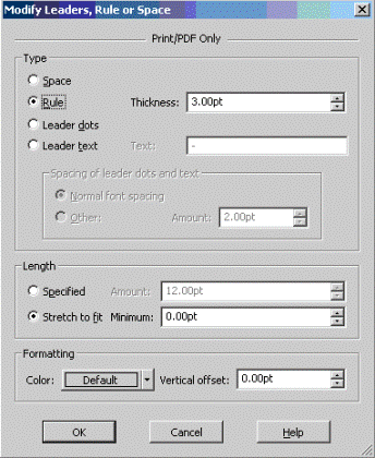 This is an image of the Insert Leaders, Rule or Space dialog box for the chapter everywhere else context, showing the Type=Rule option set to a Thickness of 3.00pt, and the Length=Stretch to fit option activated