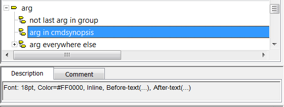 This is an image of the Description tab for the arg in cmdsynopsis context, displaying the description “Font: 18pt, Color=#FF0000, Inline, Gentext: Before-text(...), After-text(...)”