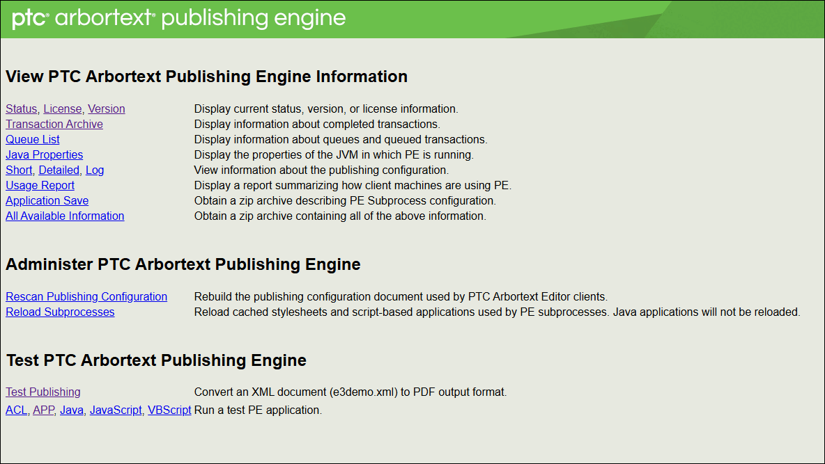 The picture shows several links for obtaining information from Arbortext Publishing Engine, reloading publishing configuration information, and reloading applications (except Java). There are links for converting a test document to supported output formats and for running sample applications.