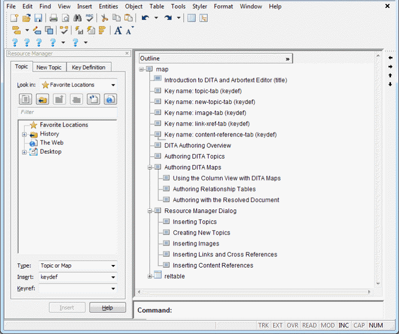 This is a picture of the user interface with the default configuration for editing DITA maps.