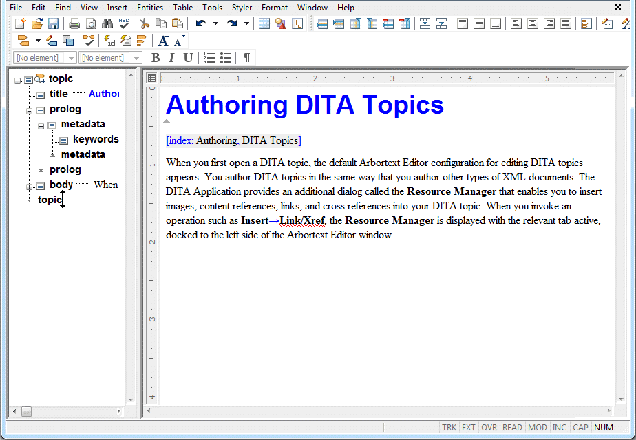 This is a picture of the user interface with the default configuration for editing DITA topics.