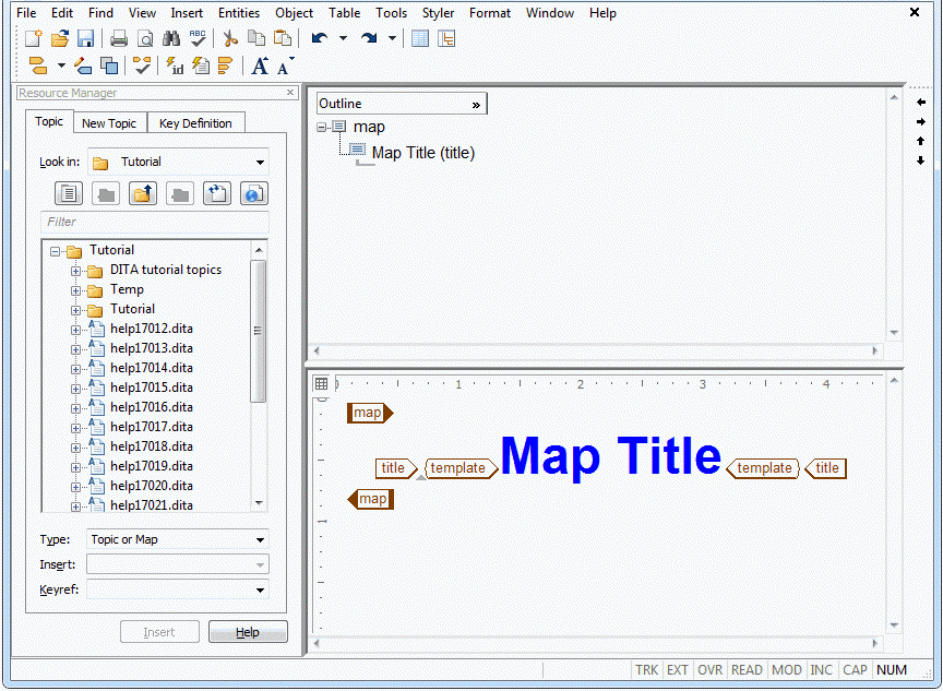 This graphic shows the DITA map with Edit view open.