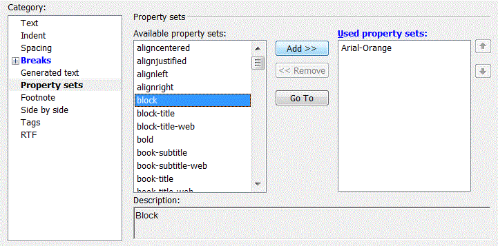 This is an image of the Property sets category for the year element, showing that the property set Arial-Orange has been selected to format the element