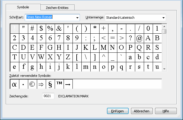 Diese Abbildung zeigt das Dialogfenster "Symbol einfügen".