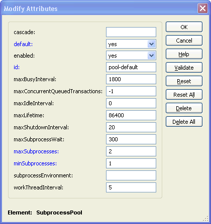 The dialog box lists the supported attributes and specifies the values set for the default Arbortext PE sub-process pool.