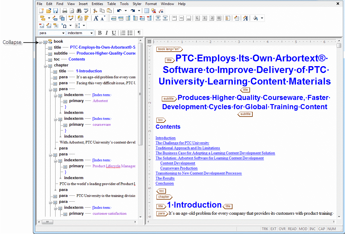 The graphic shows the collapse icon in the document map.