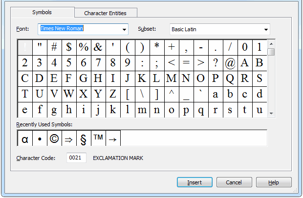 This graphic shows an Insert Symbol dialog box.