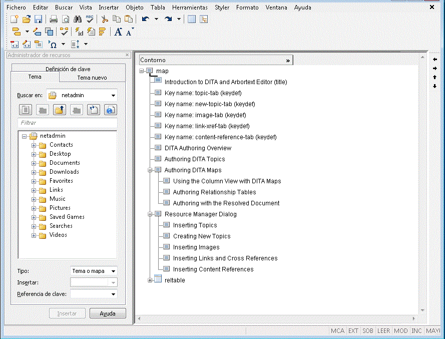 Imagen de una interfaz de usuario con la configuración por defecto para editar mapas DITA.