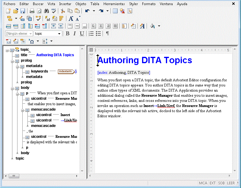 Imagen de una interfaz de usuario con la configuración por defecto para editar temas DITA.