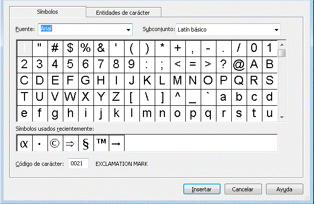 En este gráfico se muestra el cuadro de diálogo Insertar símbolo.
