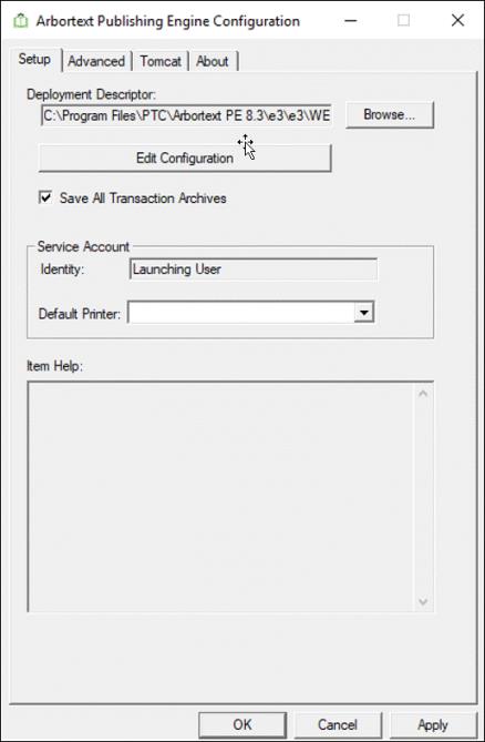 This picture of the Setup tab shows the Deployment Descriptor, the Edit Configuration using Arbortext Publishing Engine Interactive button, the Identity of the account, and the Default Printer drop down.