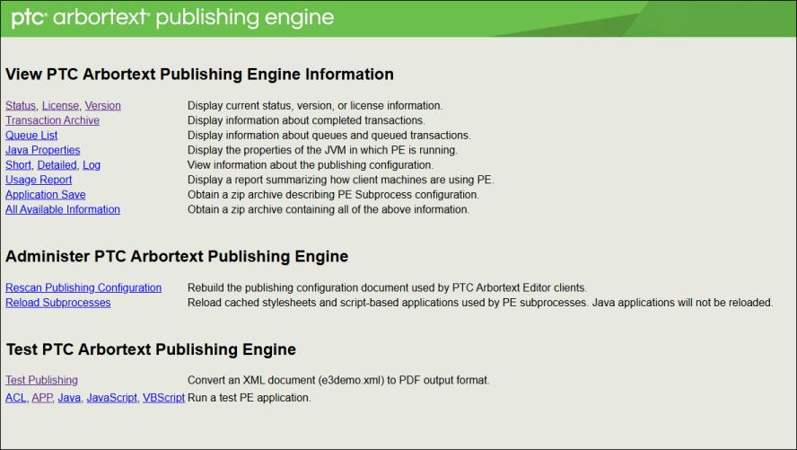 The picture shows several links for obtaining information from Arbortext PE, reloading publishing configuration information, and reloading applications (except Java). There are links for converting a test document to supported output formats and for running sample applications.