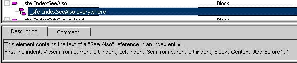 This is an image of the _sfe:IndexSeeAlso element selected in the Elements list, with a summary of its use and configured formatting properties shown in the Description tab