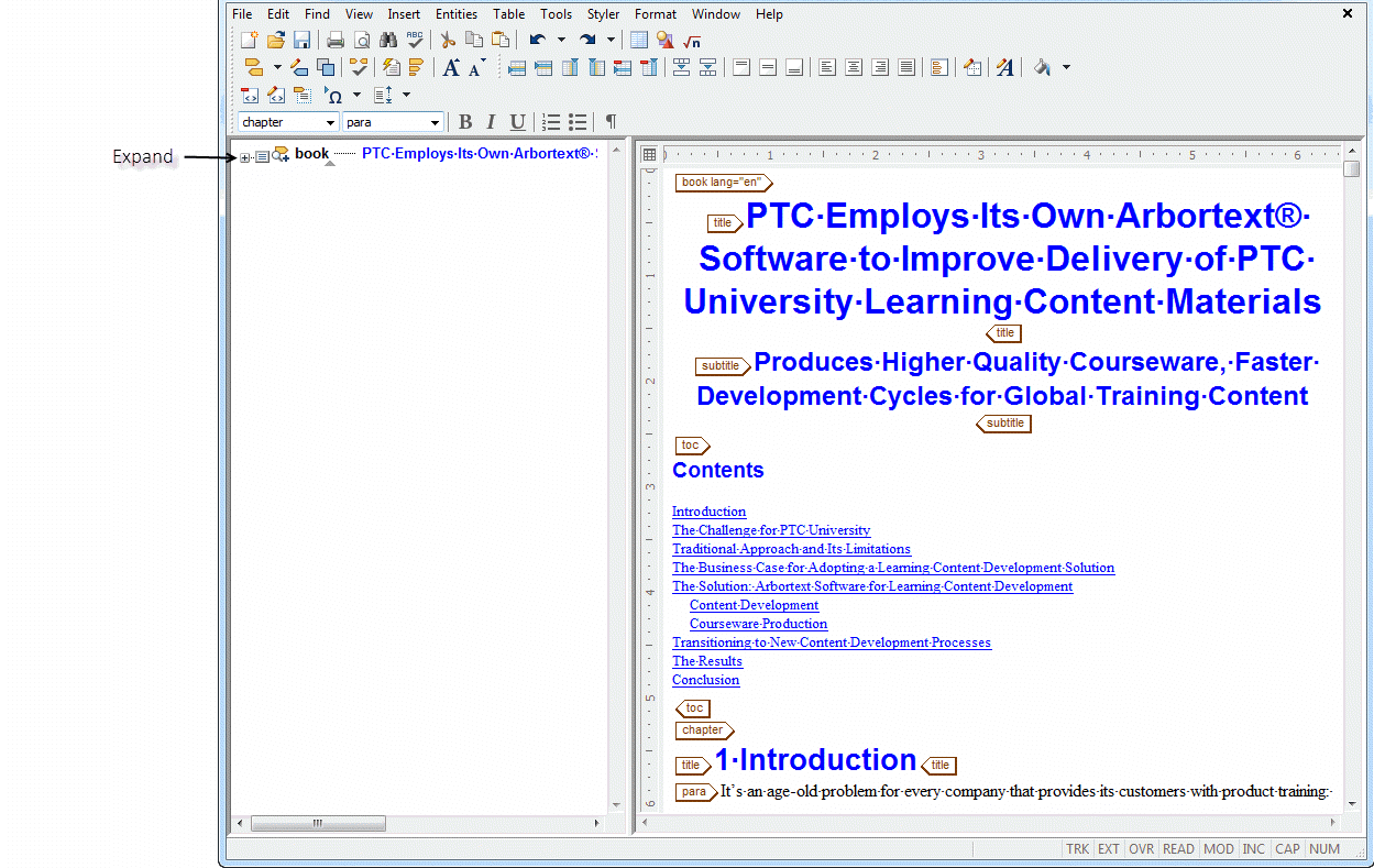 The graphic shows the expand icon in the document map.