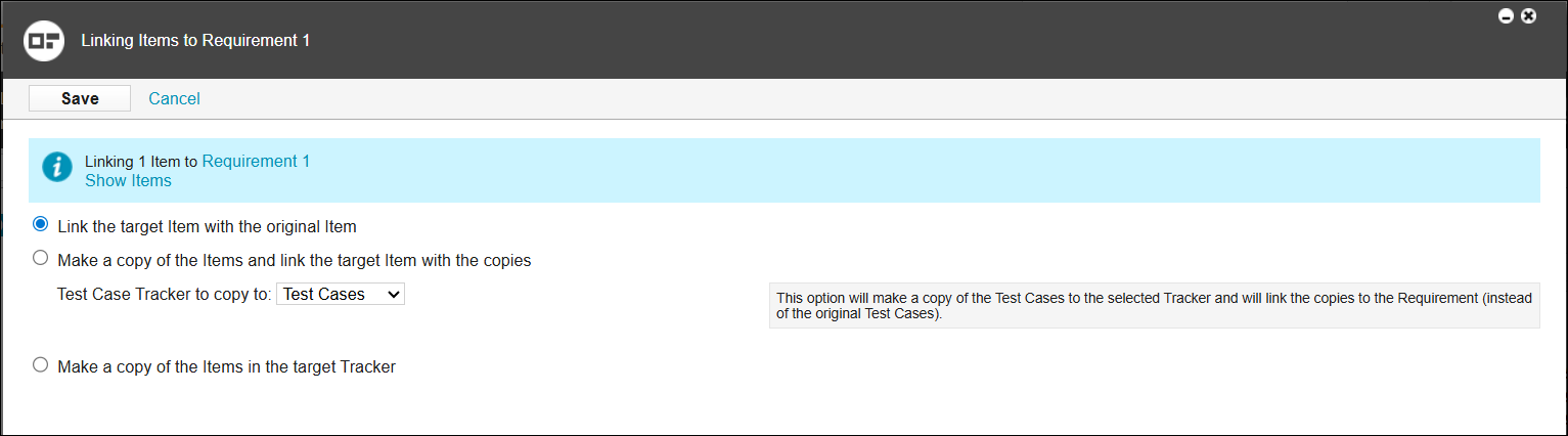 The Linking Items to <item> window, showing options to link an item, copy items, or link copies.
