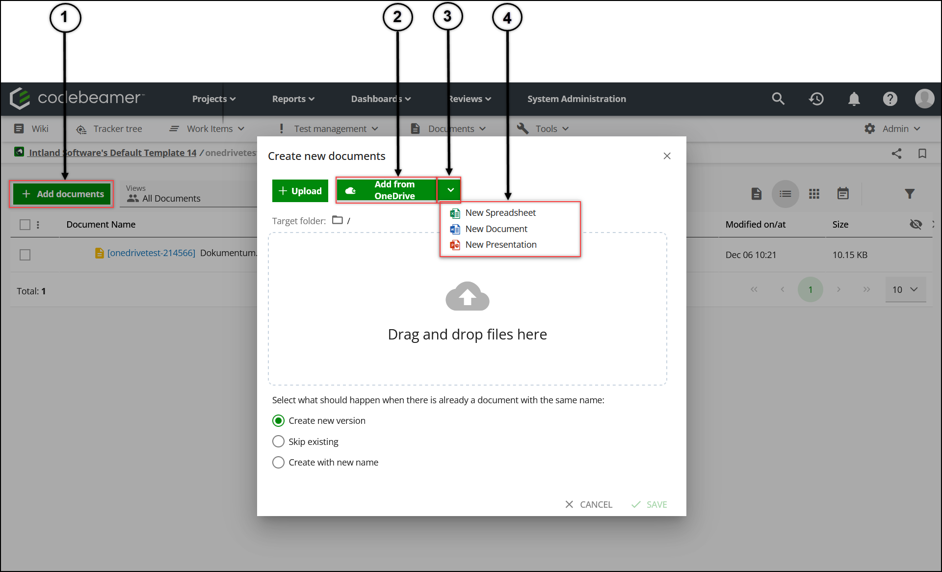 The functionalities that appear after integrating Microsoft OneDrive in Codebeamer X.