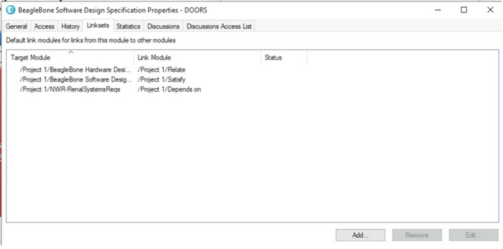 DOORS module properties: Linksets tab