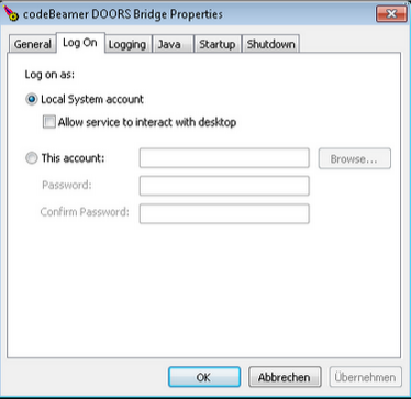 Codebeamer DOORS Bridge Properties: Log On tab. Codebeamer DOORS Bridge Properties: Log On tab.