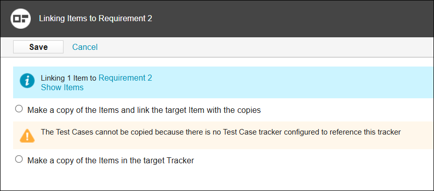 The Linking Items to <item> window, showing option for an incompatible test case item.