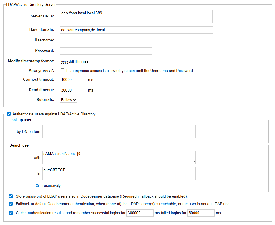 LDAP/Active Directory Server settings and LDAP/Active Directory authentication settings with sample data. LDAP/Active Directory Server settings and LDAP/Active Directory authentication settings with sample data.