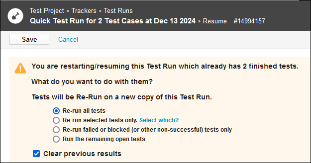 Options when resuming a test run.