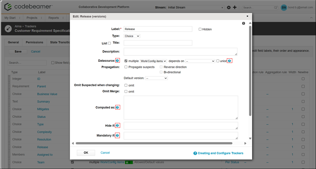 Help links from the field configuration page