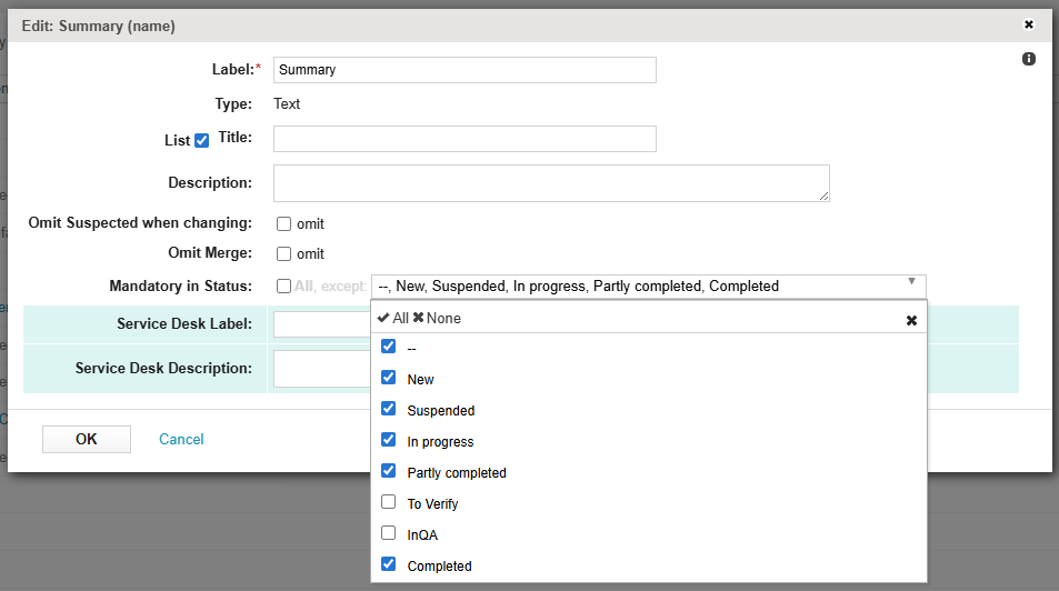 Example showing the Mandatory in Status list in tracker field configuration. Example showing the Mandatory in Status list in tracker field configuration.
