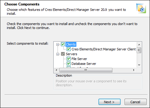 Choose components window