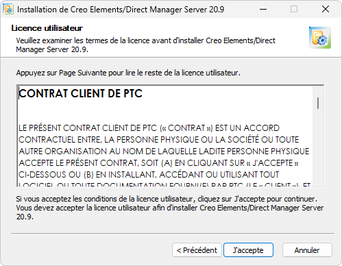 Fenêtre de contrat de licence