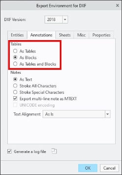 “DXF 的导出环境”(Export Environment for DXF) 对话框，其中包括新的“表格”(Tables) 选项。